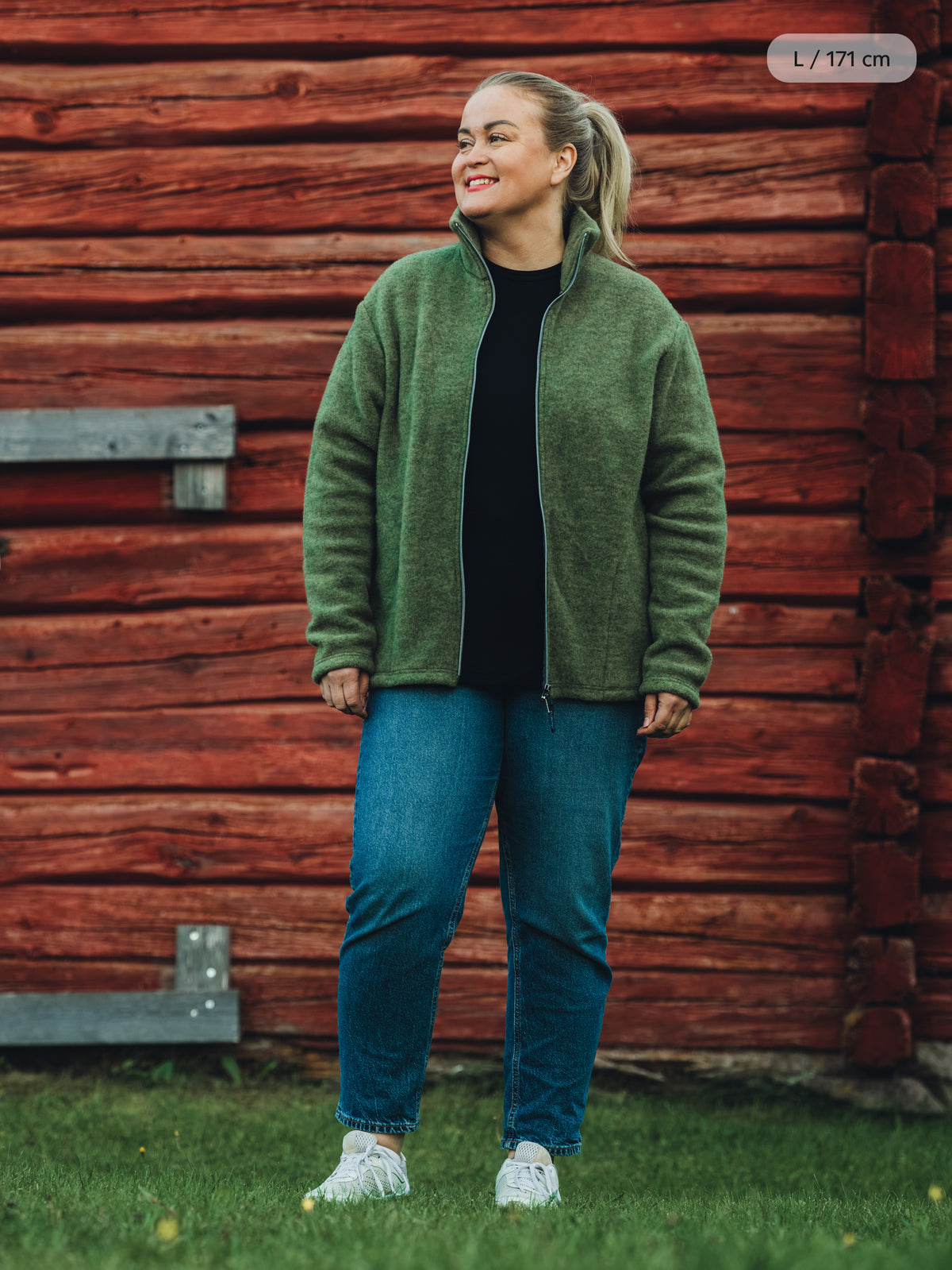 Ruskovilla naisten rento villafleecetakki, sammal, L, edestä, kokovartalokuva